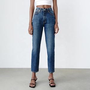 하이 퀄리티 기본 캐주얼 스트레이트 스타일 여성의 청바지 허리 도매에 로고 통기성 데님 중국에서 - Product Image 1