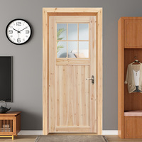 Porte intérieure en bois massif de sapin minimaliste avec vitre et treillis simple, porte en bois robuste pour la maison