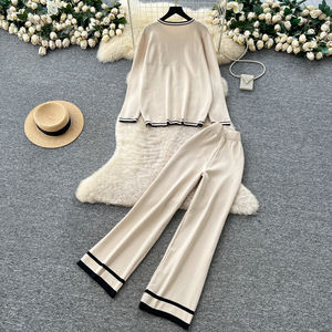 Ensemble <span class=keywords><strong>chic</strong></span> deux pièces pour femme, cardigan en tricot colorblock, <span class=keywords><strong>pantalon</strong></span> large taille haute, automne hiver, ensemble 2 pièces <span class=keywords><strong>pas</strong></span> <span class=keywords><strong>cher</strong></span> pour femmes - Product Image 4