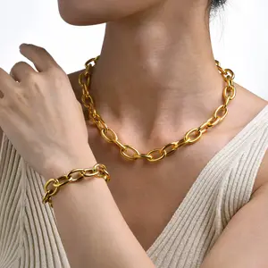 Moda no deslustre Acero inoxidable PVD 18K chapado en oro collar de cadena grande pulsera para mujer joyería