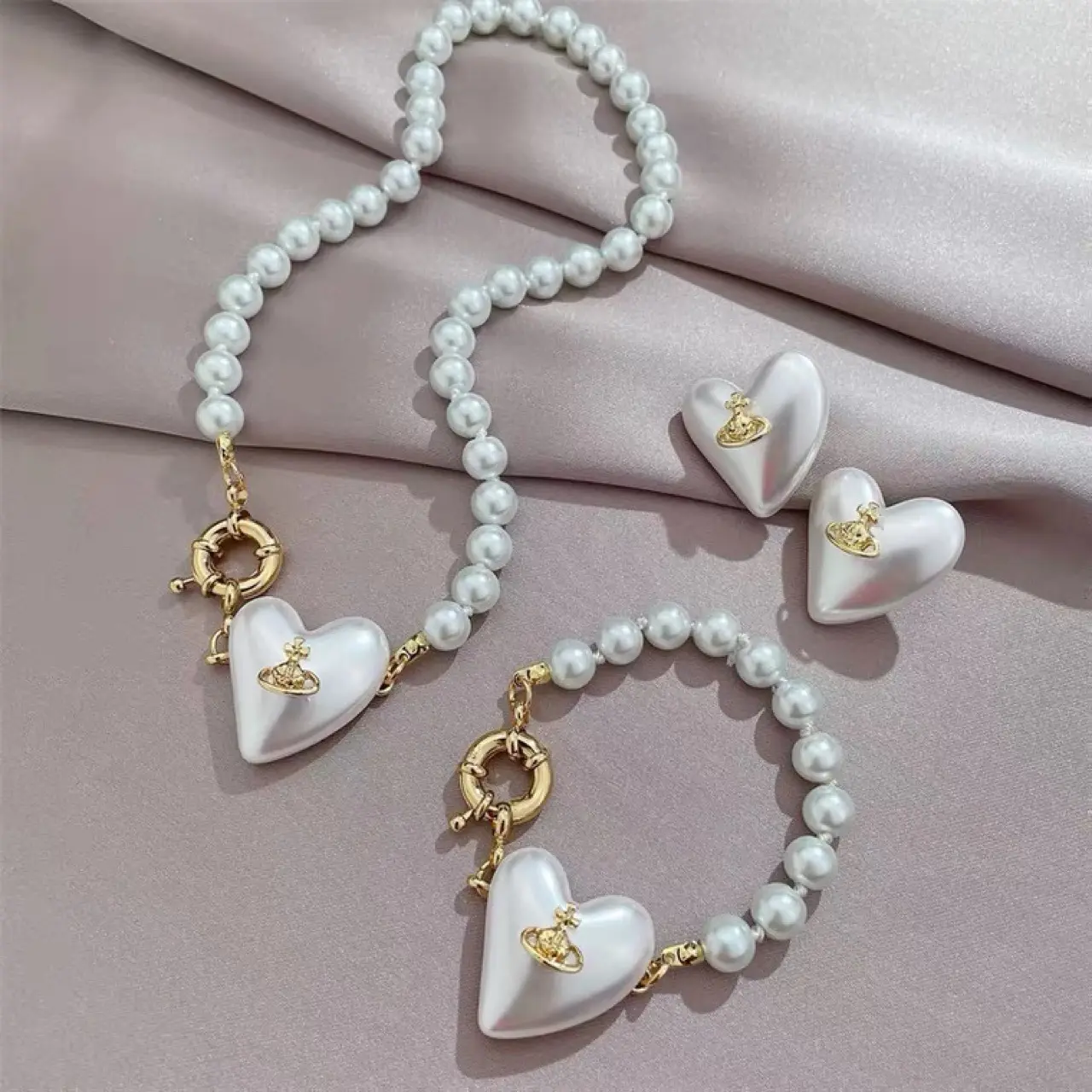 2022 Mode Mabe Perle Halskette Schmuck Set Persönlichkeit Anhänger Einfache Mori Mädchen Herz Armband Ohrringe Set