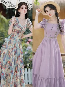Fransız Baharı Çevre Dostu Şifon Yeni Stil Nazik ve Tatlı Retro Akışkan Tatil Plaj Perisi Uzun İnceltici Elbise - Product Image 5