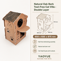 Villa para Gatos de Doble Capa, sin Herramientas, con Recortes de Cabeza y Huella de Gato, en Color Corteza de Roble Natural, 650 x 685 x 875 mm