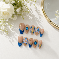 Faux ongles de luxe faits à la main, bleu roi, pierres précieuses, motif floral 3D, breloques étoiles dorées, longs, forme amande ou cercueil, vente en gros
