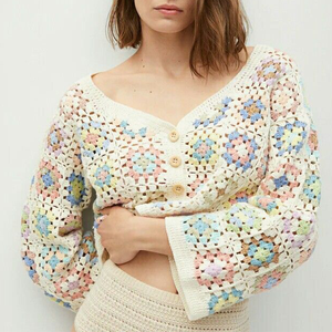 定制女士开衫曼谷纽扣毛衣手工钩针春花开衫女式长袖针织毛衣 - Product Image 3