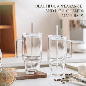 Bicchiere in Vetro Grigio Fumo da 600ml <span class=keywords><strong>con</strong></span> Strisce Decorative, Tazza per Bevande Fredde, Acqua, Succo <span class=keywords><strong>con</strong></span> Coperchio e Cannuccia - Product Image 1