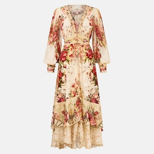 Vestido Largo de Seda Australiana <span class=keywords><strong>Camila</strong></span> con Cuello en V, Manga Larga, Estampado Floral, Satinado, Casual, Estilo Imperio, Estampado Digital, Lavable, Estilo Étnico - Product Image 1