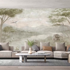 Carta da Parati Murale Personalizzabile Impermeabile con Stampa a Trasferimento Termico, Stile Art Déco, Paesaggio Vintage sul Fiume con Albero di Pino, per - Product Image 5