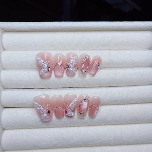 Uñas Postizas Hechas a Mano con Fototerapia, Modelo <span class=keywords><strong>Alice</strong></span> Blush Cat Eye, Pintadas a Mano con Perlas y Mariposas Mágicas - Product Image 3