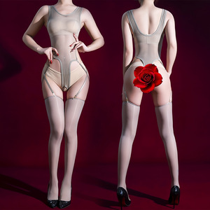 Sexy See-Through Bodysuit With Suspenders 5D Nylon Satin Open-Crotch Lingerie For Women - Product Image 4