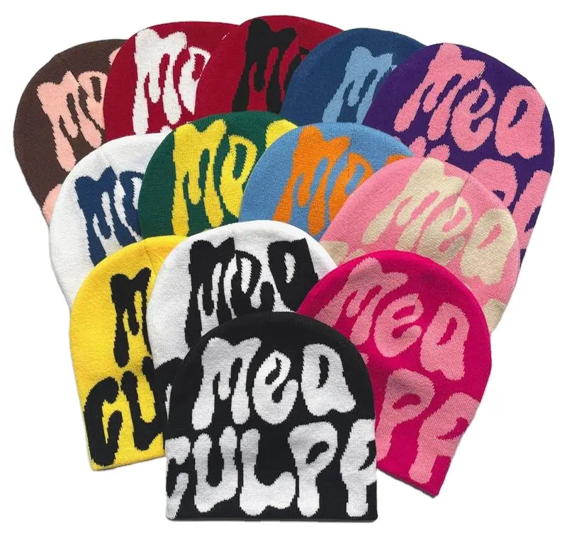 Chapeau d'hiver rayé en acrylique unisexe avec logo en jacquard imprimé personnalisé Bonnet de ski chaud pour femmes et enfants Bonnet en fourrure tricoté sans manchette
