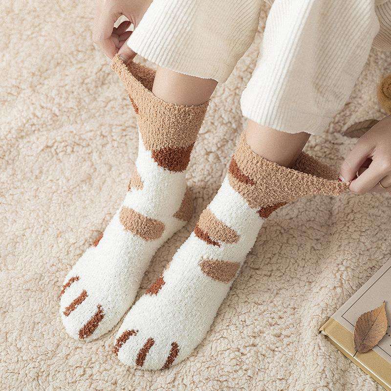Cats Fashion Soft Fuzzy Knit Wholesale Animal Slipper Fluffy Women Custom Fleece Bed Cat Paw Sleeping Long Socks