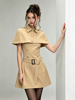 Robe cape 2 pièces style trench pour femme, mini-robe sans manches à col halter avec ceinture et double boutonnage