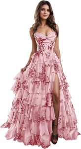 فستان شيفون مطرز على شكل حرف A-line ، فستان حفلة سهرة طويل مع فتحة تنورة متدرجة للنساء للحفلات الصيفية والحفلات الترويجية - Product Image 5