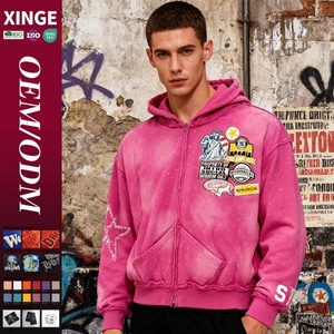 2026 New Custom Rhinestone Oversized Hoodie Streetwear Vintage 3D Embroidered Printed Boxy Cropped Men's Zipper Acid Wash Hoodie - Product Image 1