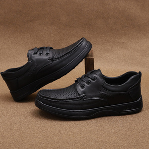 Men's Genuine Leather Dress Shoes Round <b>Toe</b> Lace-up Breathable Rubber Outsole Office Career Autumn Solid Black - Product Image 1