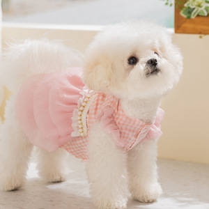 Robe en <span class=keywords><strong>maille</strong></span> de soie brodée à carreaux avec grand nœud style princesse pour chien et jupe pour chat, collection printemps-été - Product Image 3