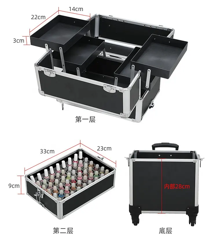 4 in 1 Professional Large Hart aluminium Kosmetik Rolling Travel Barber Case Abschließbarer Trolley Makeup Train Case mit Rädern