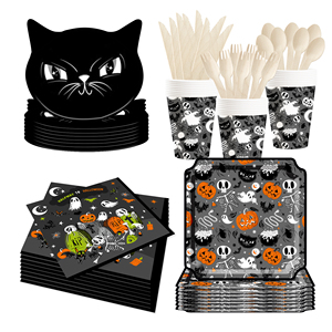 DAMAI New Halloween Black Cat-<b>head</b> Bat Pumpkin-themed Disposable Paper Plates Cups and Napkins for Halloween Party Supply - Product Image 3