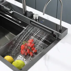 Nano Handmade Single Bowl LED Digital Display Multi-functional Waterfall Bliote Kitchen Sink With Automatic Cupwasher
