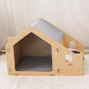 Casa para mascotas de madera con diseño sólido personalizado con comedero elevado, muebles para gatos de interior y alfombrilla suave para gatos y perros pequeños - Product Image 4