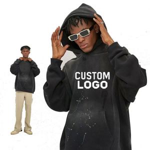 Custom LOGO Vintage Distressed Boxy Fit <b>Pullover</b> 500Gsm Blank FrenchTerry Oversized Heavyweight NoString Acid Washed <b>Mens</b> Hoodie - Product Image 1