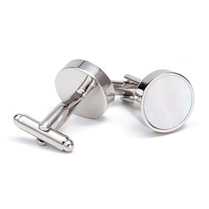 Boutons de manchette de luxe de haute qualité très vendus, boutons de manchette ronds en cuivre argenté avec nacre blanche pour hommes - Product Image 4