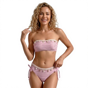 Women Bandeau Bikini Set Shell Textured Strapless 2 Piece Swimwear Drawstring Front Logo Quick Dry <b>Beach</b> Bathing Suit Wholesale - Product Image 3