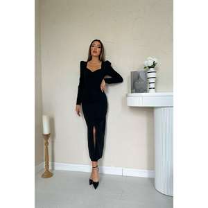 ชุดเดรสผ้าซาตินสีดำหรูหรา ชุดราตรีแขนยาวเอวธรรมชาติ - Product Image 4