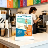 Support d'affichage de menu A5 double face avec éclairage LED de table, alimenté par batterie rechargeable, pour restaurants, cafés et caisses.