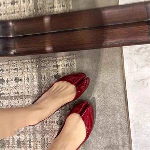 Cowhide Version ~ Women's <b>Red</b> Split-Toe Hoof Shoes with Hidden Heel Slip-on Flat Ballet <b>Pumps</b> - Product Image 5