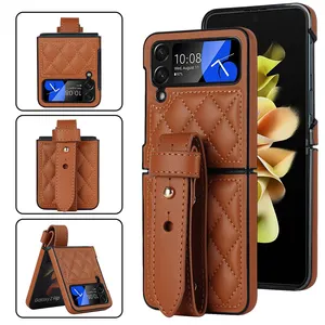 Vintage Diamond Type Lattice PU Leather Anti-Shatter Phone Case with Adjustable Wrist Strap Phone Case for Samsung and Huawei
