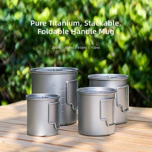 Enkelwandige beker van puur titanium met deksel, opvouwbaar handvat, hittebestendig, draagbare reis- en campingwaterset - Product Image 2