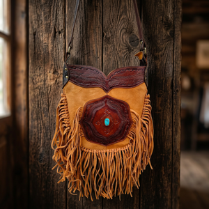Bolso Bandolera de Cuero Genuino con Flecos, Hecho a Mano, Estilo Boho para Mujer, con Flores, Cierre de Cremallera, Detalles en Turquesa - Product Image 3