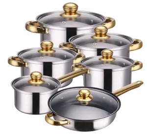 सबसे अच्छा बेच सस्ते 12pcs डबल परत स्टेनलेस स्टील Cookware सेट खाना पकाने के बर्तन सेट सूप और Lids के साथ दूध बर्तन