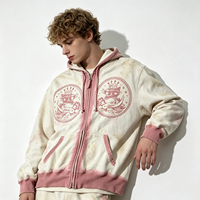 Hoodie Zip Up Vintage Heavyweight Streetwear dengan Detail Trim Pink Distressed, Desain Lucu, Pakaian Merek Fashion Pria, Grosir
