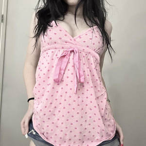 Sweet Girl Style Hot Pink Polka Dot Print <b>Tie</b> Front Cami Top Sexy A Line Hem Sleeveless Top - Product Image 3