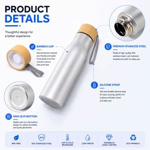 Bouteille d'eau en acier inoxydable de 500 ml avec couvercle en bambou, gobelet sport promotionnel à paroi simple de 17 oz avec logo personnalisé - Product Image 4