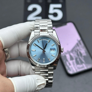 Montres mécaniques automatiques 40 mm en métal doré avec lunette cannelée, cadran bleu glace, date, <span class=keywords><strong>montre</strong></span> de luxe pour homme avec diamants, platine, modèle Président - Product Image 1