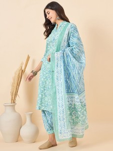 Mujeres motivos étnicos impresos Kurta de algodón puro regular con pantalones Harem y con Dupatta para mujeres ropa de mujer personalizada - Product Image 2