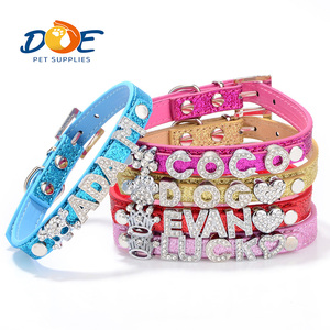 Accesorios para perros Doe, cuero PU ajustable, <span class=keywords><strong>Bling</strong></span>, 10MM, diamantes de imitación, nombre DIY, <span class=keywords><strong>Collar</strong></span> de perro personalizado - Product Image 1