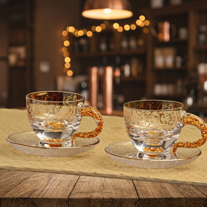 Crystal Glass <b>Cups</b> and <b>Saucers</b> Set of 2 with Gold Foil Flakes Handle Vintage Design for Party Presents Afternoon Tea - Product Image 4