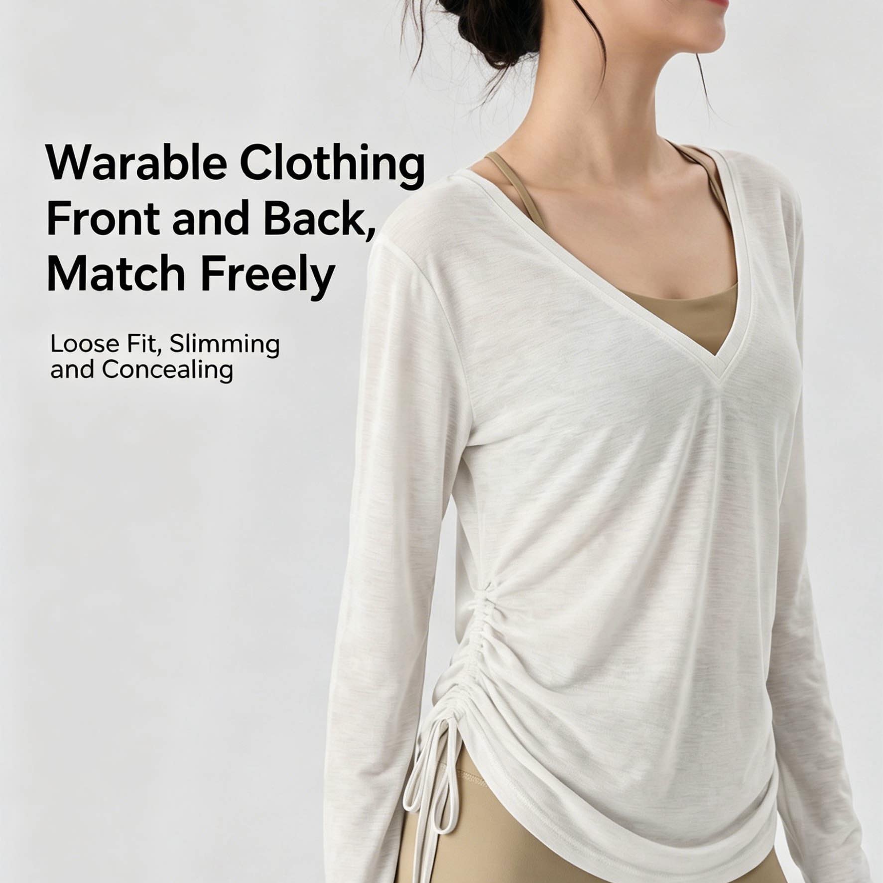 Women's Plus Size Sports Blouse V-neck Side Pleated Slimming Yoga Pilates Lightweight Breathable Quick Dry Solid Long Sleeve