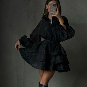 Abito Corto <span class=keywords><strong>Nero</strong></span> da Donna con Cintura e Bottoni, <span class=keywords><strong>Maniche</strong></span> <span class=keywords><strong>Lunghe</strong></span>, in Rayon con <span class=keywords><strong>Paillettes</strong></span> e Diamanti, per Feste, Collezione 2025 - Product Image 1