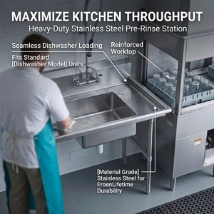 Équipement de cuisine professionnelle : Évier-lave-vaisselle et table de travail de cuisine à cuve unique avec crédence et pieds robustes, table de préparation pour vaisselle sale - Product Image 1