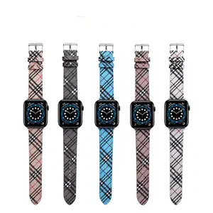 Tali Jam Tangan Kulit Pu Desainer Kotak-kotak Diagonal Baru untuk Apple Watch Seri 7 6 5 Tali Jam Mewah 38 40 42 44Mm Gelang