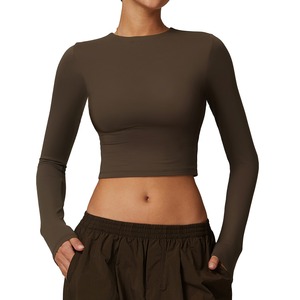 Femmes <span class=keywords><strong>col</strong></span> rond <span class=keywords><strong>col</strong></span> <span class=keywords><strong>bateau</strong></span> haut court à manches longues t-shirt écologique coupe régulière haut court - Product Image 2