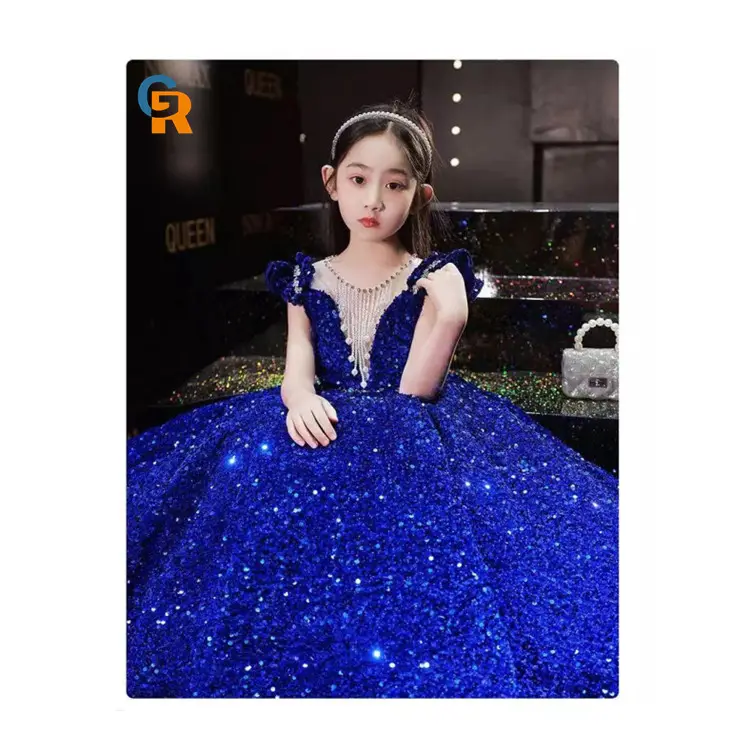 Luxury Royal Blue Sequin Dress For Kid Girl Long Flower Girl Wedding Party Princess Dress Girls 7-12 Year Piano Recital Dress