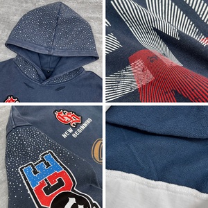 Sweat-shirts à capuche streetwear déchirés et amples pour hommes, en molleton bouclette, brodés, coupe courte, personnalisés, effet délavé à l'acide, avec strass - Product Image 3