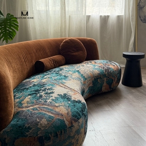 Vintage Curved Boucle <b>Sofa</b> with Abstract Tapestry Upholstery Mid-Century Modern Brown Velvet Curved Living Room <b>Sofa</b> - Product Image 4